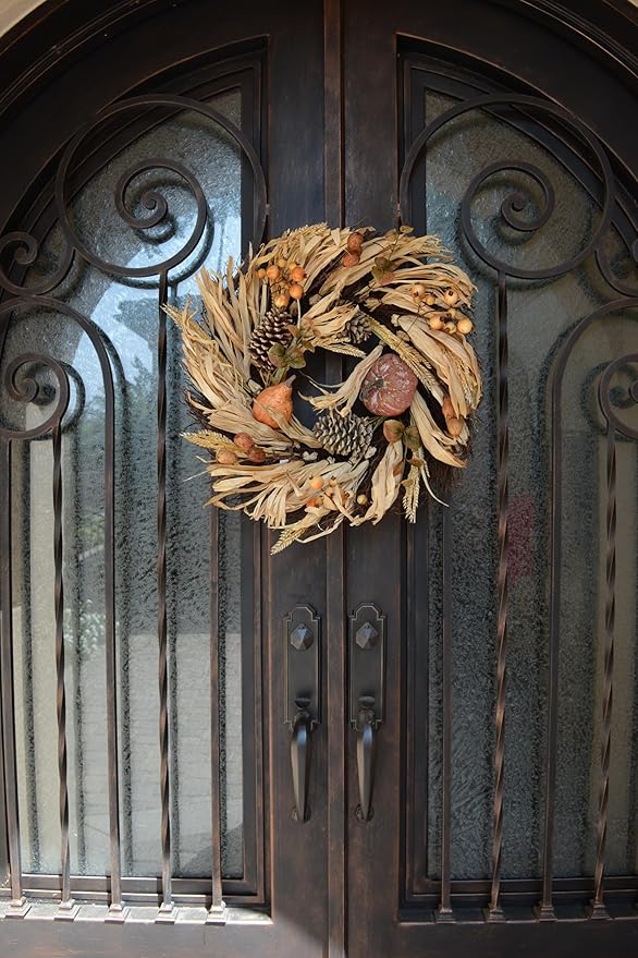 Admired By Nature Pumpkin Wheat Berry Corn Husk Wreath - 24" Artificial Hanging Wreath for Home Decor, Offices, Weddings, Events, Parties, Thanksgiving