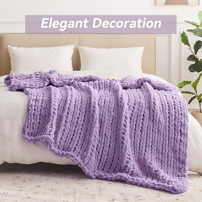 Chunky Knit Throw Blanket, 50''*60'' Knitted Throw Chenille Yarn for Bed Couch, Handmade Light Purple Crochet Big Thick Blanket, Machine Washable Cute Comfy Blanket for Home Decor