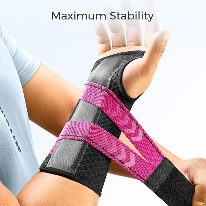 FREETOO Carpal Tunnel Wrist Brace Night Support Fit Right Hand for Work, Pain Relief Wrist Splint for Tendonitis, Sprain, Strain, Rigid Hand Brace for Arthritis for Women and Men (XS, Black/Pink)