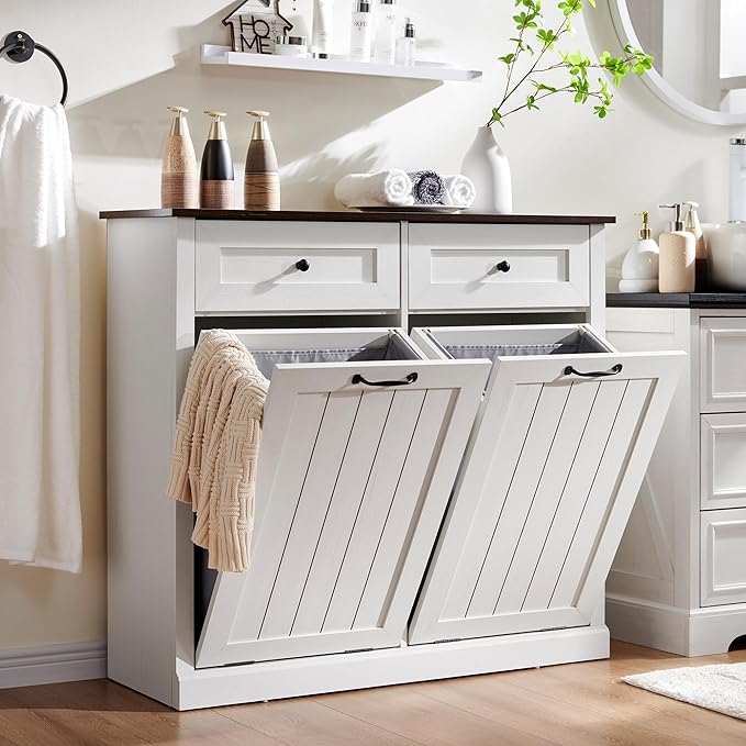 Double Tilt Out Laundry Hamper Cabinet, 20 Gallon Farmhouse Trash Can Cabinet with Drawer, Hidden Wood Garbage Can Bin Cabinets with Laundry Storage Basket for Bathroom, Kitchen (Antique White)