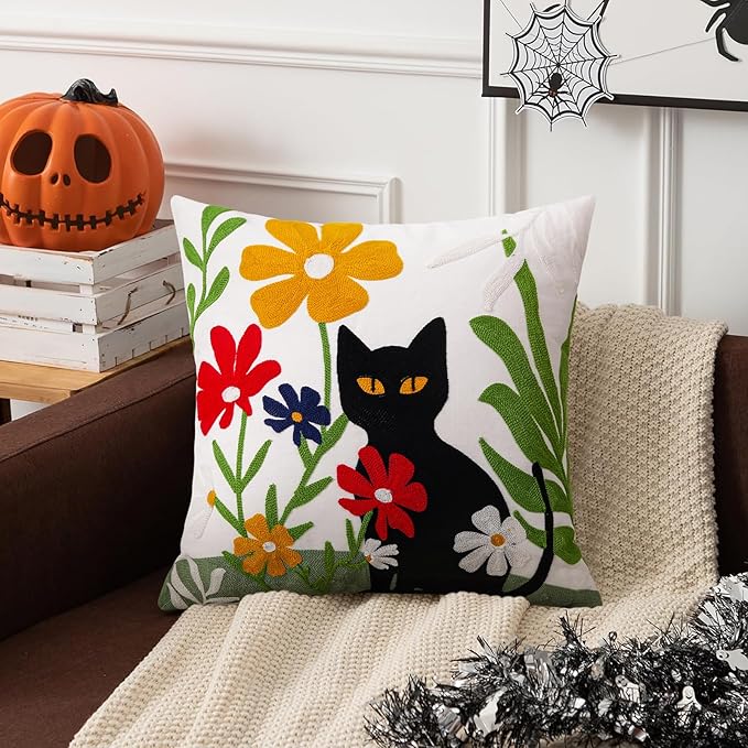 Merrycolor Embroidered Pillow Covers 18x18 Black Cat and Flower Pattern Halloween Decorative Throw Pillow Covers Comfortable Cotton Canvas Square Couch Cushion Cases for Sofa Bed Living Room Decor