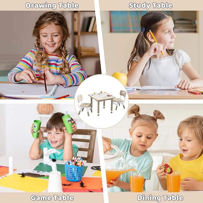 Kids Table and 2 Chairs Set, Height Adjustable (17.7"-26.1") Toddler Table and Chair Set, Multi-Activity Table with Graffiti Desktop, Children’s Table and Chairs for Classroom, Home & Daycare