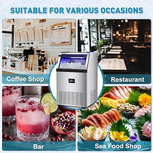 Commercial Ice Maker Machine, 175Lbs/24H with 45Lbs Storage, 55Pcs Clear Ice Cubes in 8-15Mins, Freestanding Stainless Steel Ice Machine for Home, Bar, Party, Office - Fast Ice Making & Easy to Clean