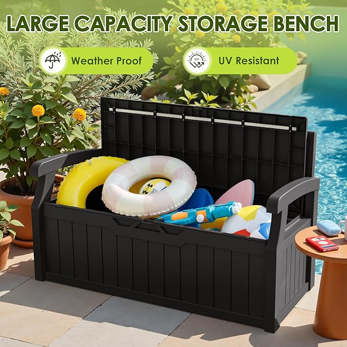 Greesum 80 Gallon Outdoor Storage Bench, Resin Patio Furniture with Armrest,Waterproof and UV-Resistant, Perfect to Garden, Poolside and Lawn, Dark Black