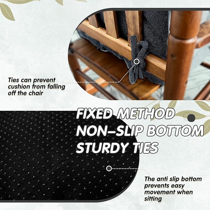 YZ HOME Rocking Chair Cushion, Set of Thicken Seat & Back Chair Cushions with Memory Foam, Non-Slip Chair Pad with Ties for for Indoor&Outdoor Rocker, Dark Grey, 22x17x5/17x17x5