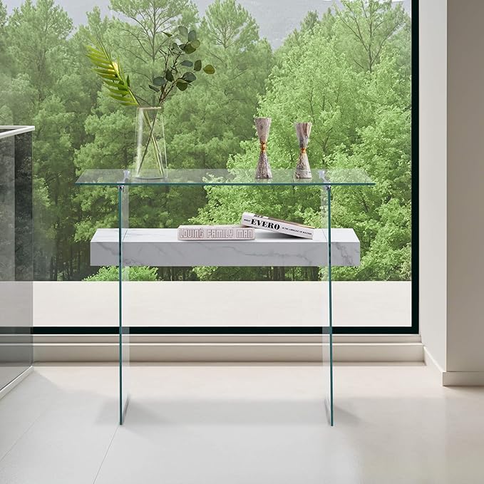 ivinta Glass Entry Table with Storage, 39.4" Modern Console Table for Living Room, Foyer, Hallway, Bedroom 5101 (White)