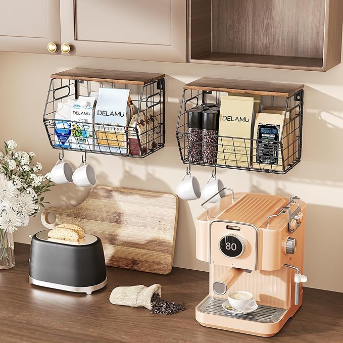 Delamu 2-Pack Stackable Metal Fruit Basket with Wood Lid-Wall Mounted & Countertop Organizer for Kitchen,Pantry- Ventilated Storage for Onions,Potatoes,Fruits,Spices (12"x 8"x 8-5/16")