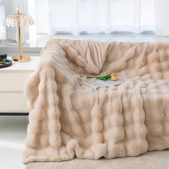 RYNGHIPY Faux Fur Blanket Fluffy Warm Throw Blanket for Sofa Couch Decorative Bed Blanket for Bedroom Living Room Bubble Blanket (Camel, 63''x79'')