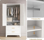 71'' Farmhouse Metal Wardrobe Cabinet with Hanging Rod, 2 Barn Door Wardrobe Closet with Adjustable Shelves,2 Drawer,for Dining Room,Bedroom,Living Room, Cloak Room,Office (White)