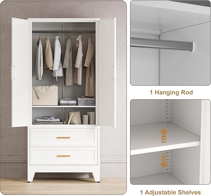 71'' Farmhouse Metal Wardrobe Cabinet with Hanging Rod, 2 Barn Door Wardrobe Closet with Adjustable Shelves,2 Drawer,for Dining Room,Bedroom,Living Room, Cloak Room,Office (White)