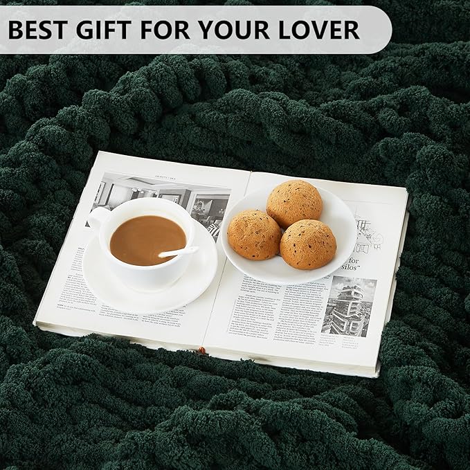 L'AGRATY Chunky Knit Blanket Throw - Soft Chunky Throw Blanket 40x50: 100% Hand Kintted Chenile Crochet Throw Blanket for Couch - Large Cable Knit Chunky Blanket for Home Decor(Olive Green)