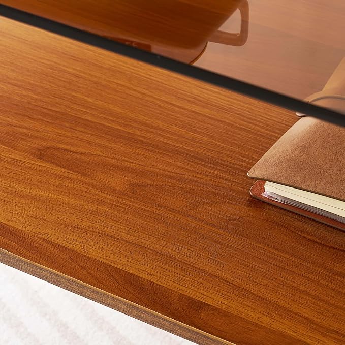 Oval Glass Coffee Table, Mid-Century Modern Design, L41 x W21 x H17 inch, for Living Room, 2-Tier Structure, Amber Glass Top and Walnut Finish Wood Shelf, Conical Legs with Gold Finish Frame