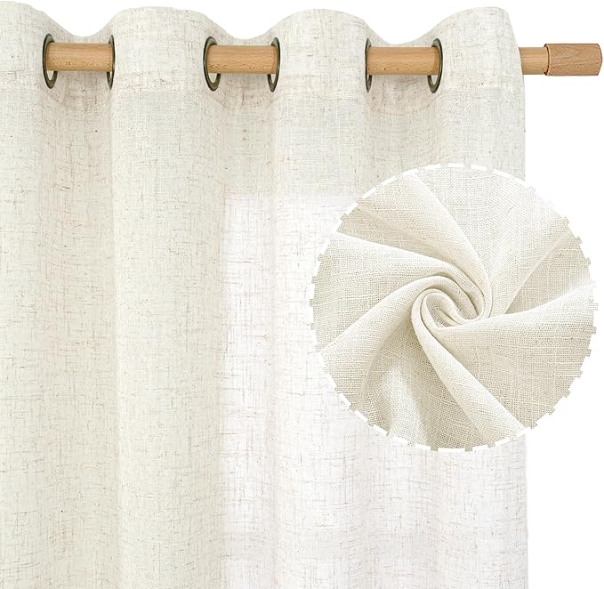 LAMIT Short Sheer Linen Curtains 30 inches Long, Bronze Grommet Linen Drapes Light Filtering Semi Sheer Curtains for Small Window/Kitchen/Cafe, 2 Panels, 34 x 30 Inch, Cream