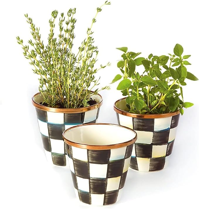 MACKENZIE-CHILDS Enamel Herb Pots, Small Plant Pots for Herbs or Flowers, Set of 3, Black-and-White Courtly Check