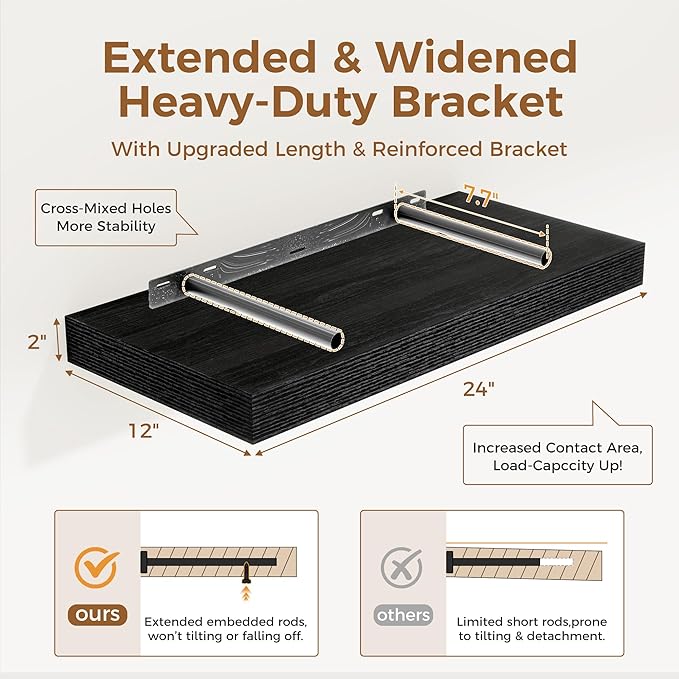 12 Inch Deep Black Floating Shelves, 24 x 12 Floating Shelf for Books, Rustic Wood Deep Wall Shelves for Home Storage & Display, 2" Thicked Shelves for Kitchen, Living Room, Bedroom, 1 Pack