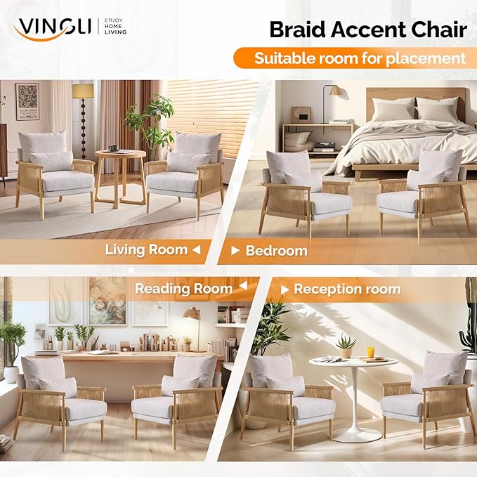 VINGLI Boho Braid Accent Armchairs Set of 2,Mid-Century Modern Chiars with Solid Wooden Armrest,Comfy Louge Cushion Chairs with Waist Pillow for Bedroom,Living Room,Reading Room, Light Grey