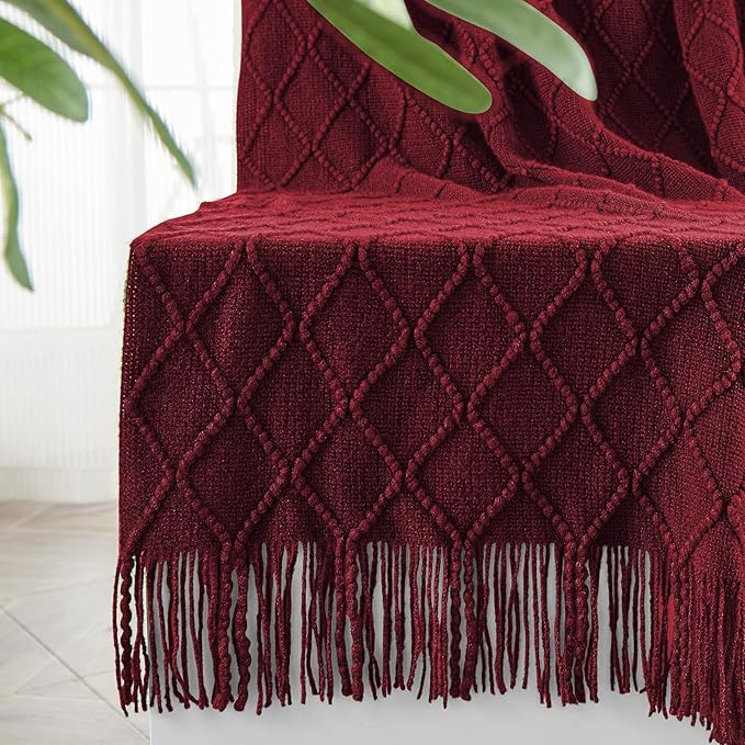 inhand Knitted Throw Blankets for Couch and Bed, Soft Cozy Knit Blanket with Tassel, Claret Lightweight Decorative Blankets and Throws, Farmhouse Warm Woven Blanket for Men and Women, 60"x80"