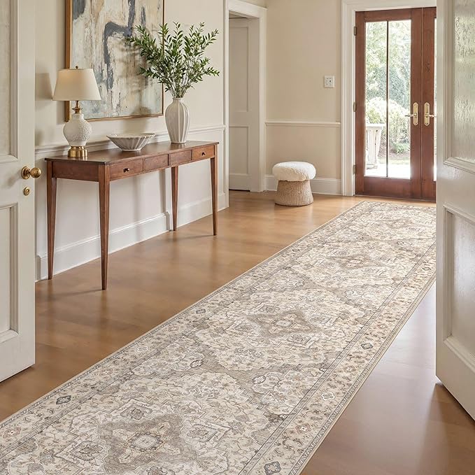 Washable 3x20 Runner Rug - Area Rugs Neutral Vintage Distressed Floral Farmhouse Boho Large Soft Floor Rug Indoor Carpet for Hallway Entryway Home - Brown/Multi