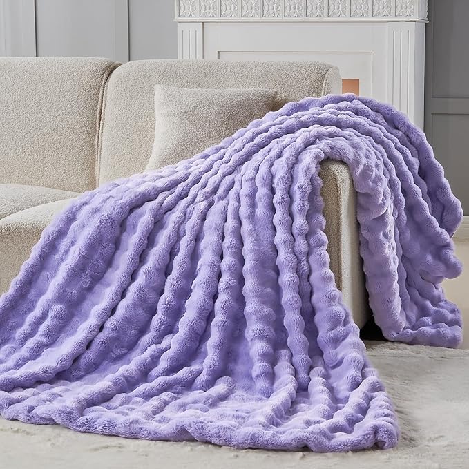 NEWCOSPLAY Faux Fur Twin Blanket Lavender Bubble Blanket Thick Warm Soft for Couch Sofa Bed 550GSM (Lavender, Twin(60"x80"))