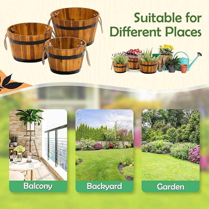 IDZO Set of 3 Wooden Flower Boxes Outdoor, Durable Acacia Wood Barrel Planters for Outdoor Plants with Ergonomic Handles, Drainage Holes, Multiple Sizes Wood Bucket Planter for Home Décor