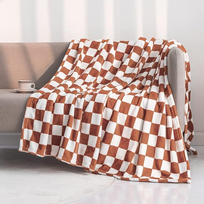 LOMAO Throw Blankets Flannel Blanket with Checkerboard Grid Pattern Soft Throw Blanket for Couch, Bed, Sofa Luxurious Warm and Cozy for All Seasons (Maple Brown, 90"x90")