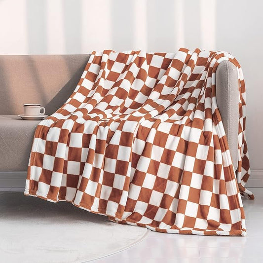 LOMAO Throw Blankets Flannel Blanket with Checkerboard Grid Pattern Soft Throw Blanket for Couch, Bed, Sofa Luxurious Warm and Cozy for All Seasons (Maple Brown, 60"x80")