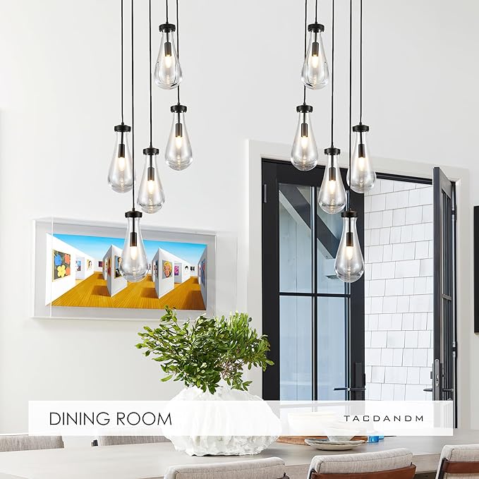 5-Light Raindrop Pendant Light Fixtures, Black Glass Pendant Lighting, Teardrops Modern Hanging Light for Entryway Foyer Kitchen Island Dining Living Room Hallway
