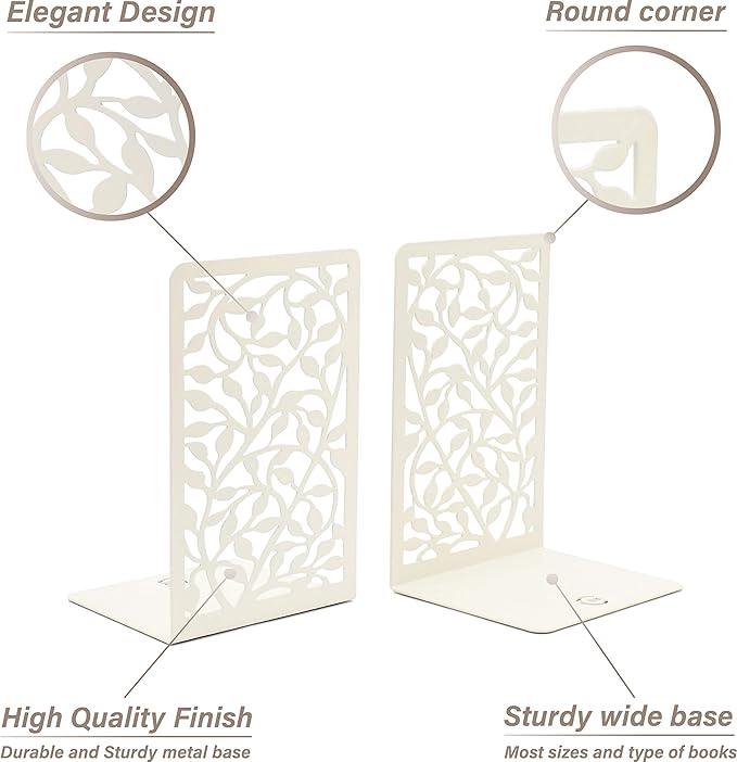 CNK Book Ends Bookends for Decorative Books Holder Bookend Shelves End Hold Heavy Duty Holders Stoppers Metal Stopper Cute Boho Bookshelf Holds Cookbook Office Home Set of 4 Bookends Pair White