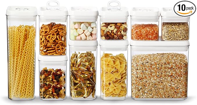 Felli Flip Tite Storage Container with 4 Inch Lid SQUARE & RECTANGLE, Air Tight Ring Seal Top Clear Acrylic Canister Jar, Spice Pasta Cereal Snack Pantry Organizer, Gift Set for Women (10pk, Variety)
