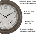 CLXEAST 24 Inch Self-Illuminated in/Outdoor Atomic Wall Clock with Temperature and Humidity, Oversized Large 24 Inch Wall Clocks for Living Room Decor, Brushed Grey Oak Wooden Finish