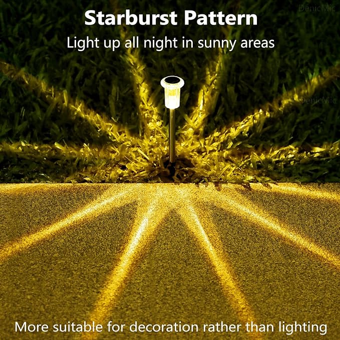 DenicMic Solar Lights Outdoor 15 Pack Waterproof 3000K Warm White LED Acrylic lamp Head Stainless Steel Stake for Landscape Lighting Path Walkway Sidewalk Backyard Patio Decor