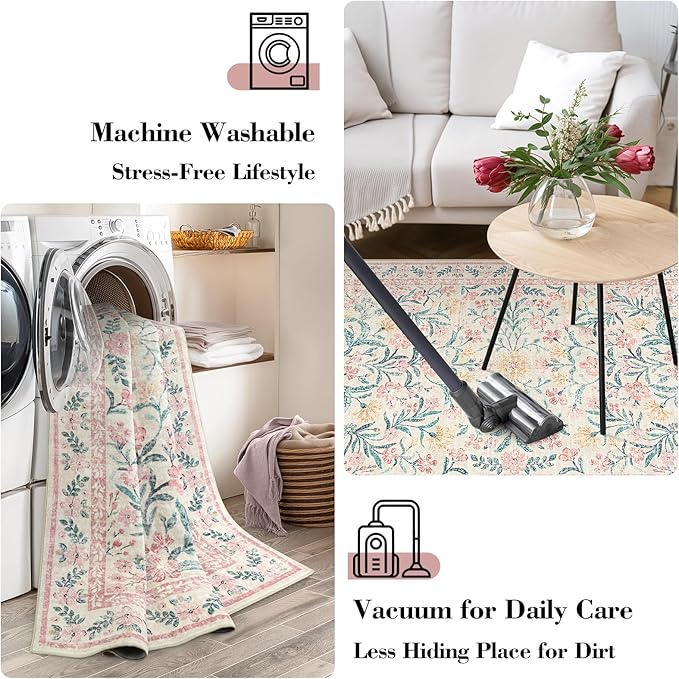 Wonnitar 8 x 10 Area Rugs for Living Room, Boho Large Washable Bedroom Rug 8x10, Soft Pink Floral Carpet Non Slip, Low Pile Indoor Carpet for Girls Room Playroom Nursery