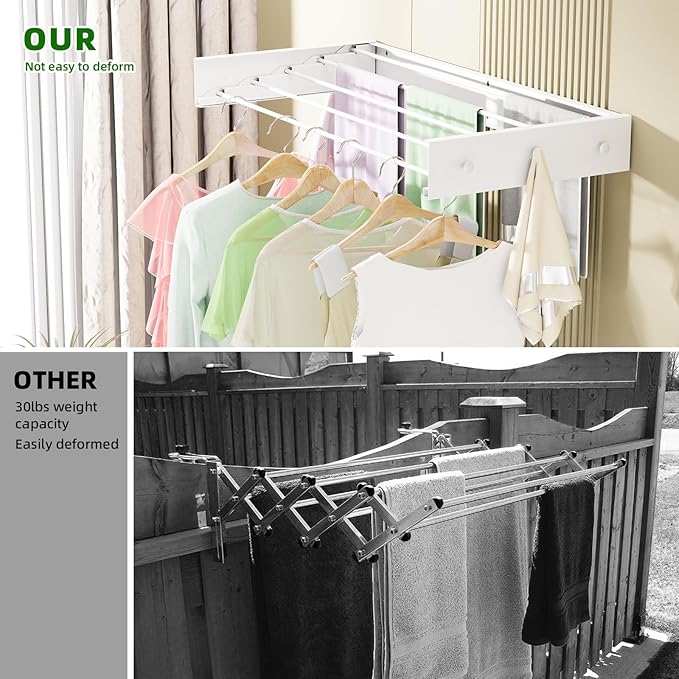Wall Mounted Drying Rack for Laundry 31.5'', Folding Drying Rack Clothing Wall Mount with 5 Rods and 6 Hooks, Space Saving for Indoor Outdoor Bathroom Balcony (White, 31.5'')