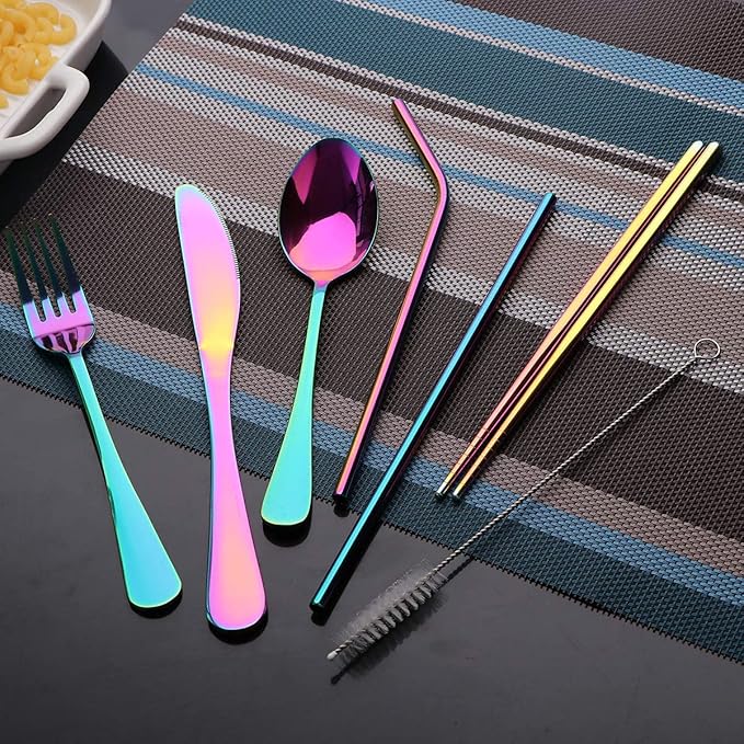 Travel Utensils Set with Case Reusable Portable Cutlery Set Stainless Steel 8pcs Including Dinner Knife Fork Spoon Chopsticks Straws(Rainbow)