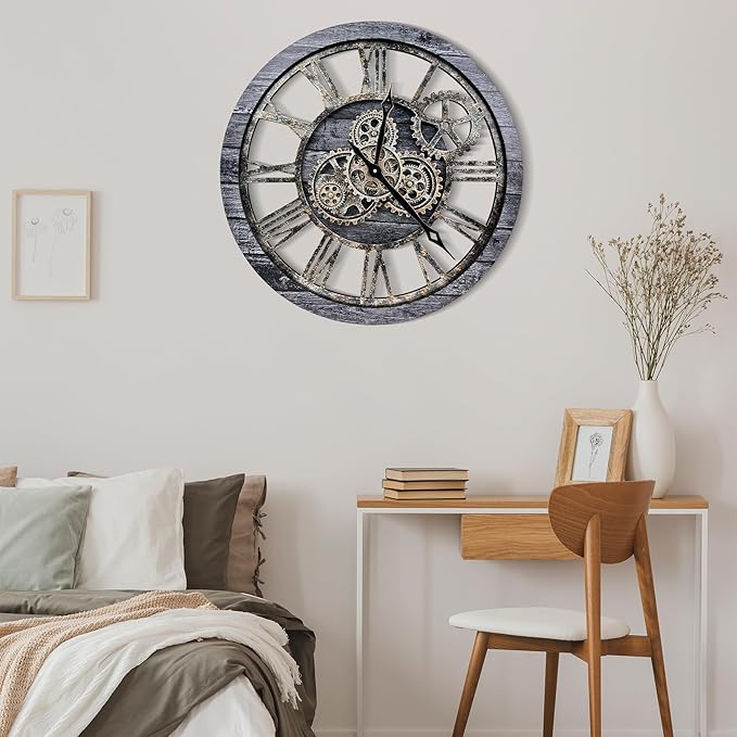 The B-Style Large Wall Clock 24 inch Moving Gear Wall Clock Oversized Vintage Farmhouse Wall Clocks for Living Room Decor Rustic Industrial Wood Clock (Carbon Gray, 36 inch/90cm)