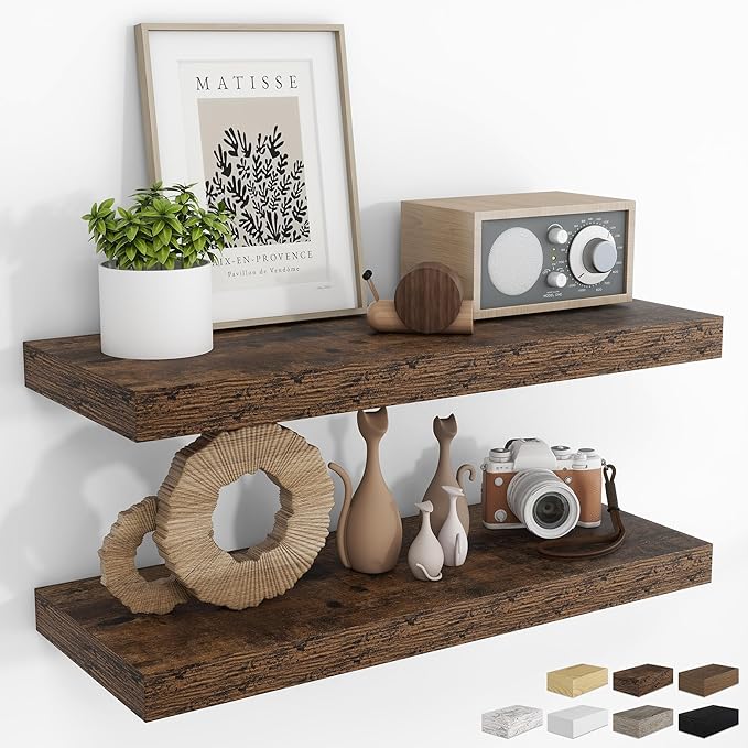 RICHFOCUS 31.5Inch Floating Shelves for Wall 2 Pack Shelves for Bedroom|Kitchen|Bathroom Wall Mounted Rustic Wood Floating Shelf with Invisible Brackets for Books|Storage|Decor, Rustic Brown