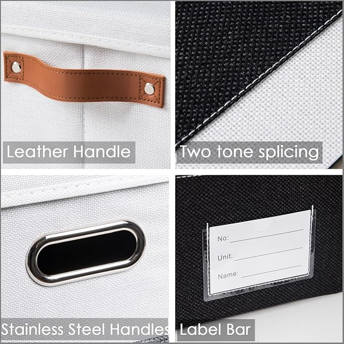 PRANDOM Foldable Storage Bins with Lids [3-Pack] Fabric Collapsible Storage Boxes Baskets Cubes Containers with Handles for Closet Living Room Bedroom (Black & White 14.9x9.8x9.8'')
