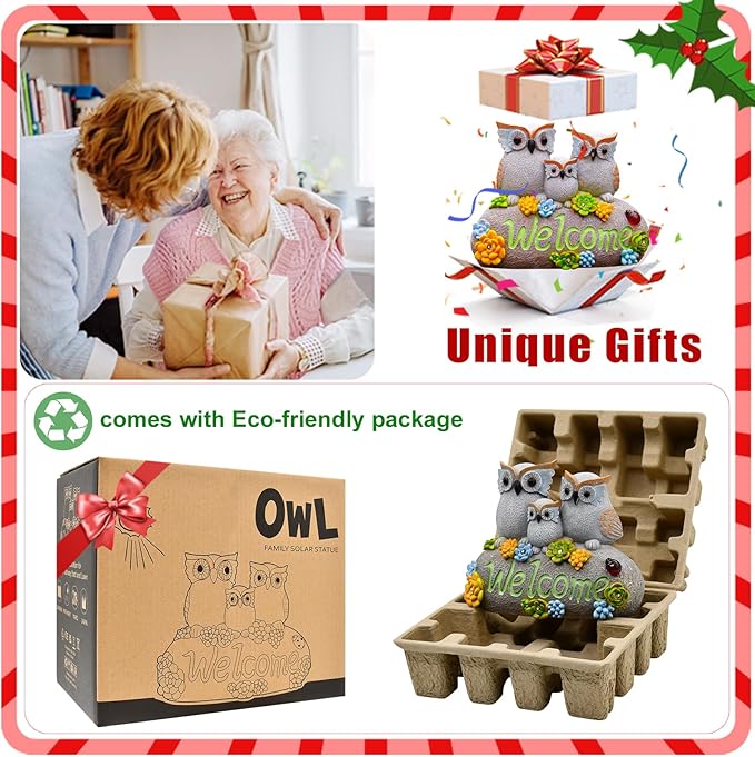 Nacome Solar Owl Statues for Garden Decor: Welcome Sign Outside Lawn for Patio/Balcony/Yard Art/Lawn Ornament House Warming Gifts for Mom/Women