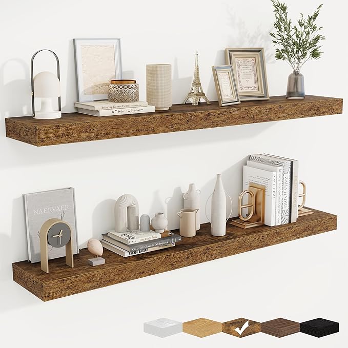 fuqing Floating Shelves for Wall, Bathroom Shelf Wall Mounted for Storage, Shelves with Invisible Bracket for Bedroom, Kitchen, Living Room, Farmhouse Small Book Shelf, 48 Inch Set of 2, Rustic Brown