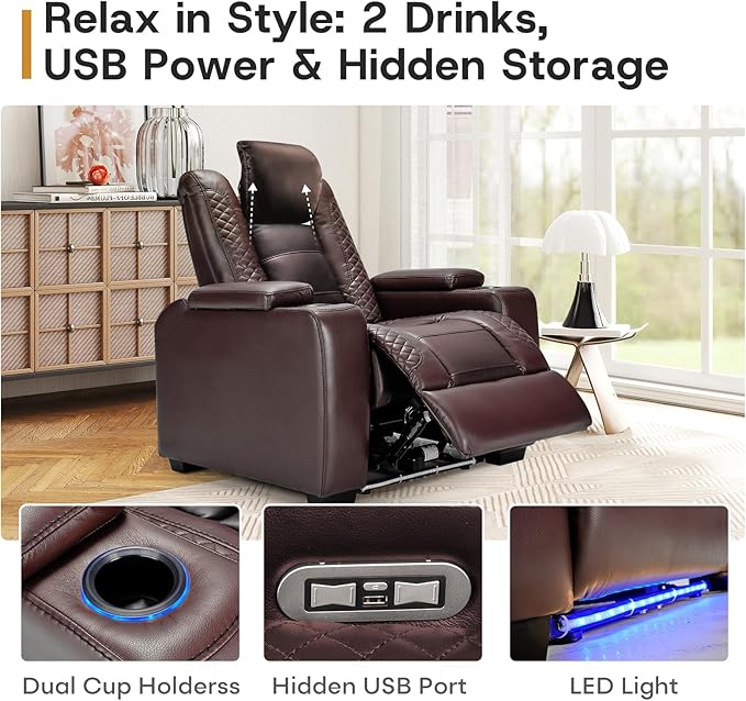 ANJ Power Home Theater Seating, PU Leather Electric Recliner Chair with Powered Headrest, Dual Motors Movie Reclining Chairs with LED Lights,USB Port, Cup Holders, Hidden Arm Storage (Brown)