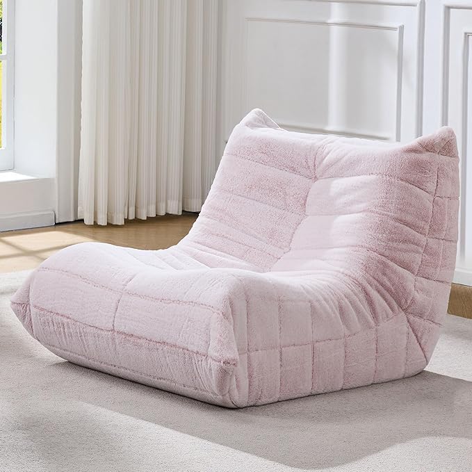 Bean Bag Chairs for Adults Giant Bean Bag Chair Memory Foam BeanBag Chair Big Bean Bag Sofa with Filler Faux Fur Fireside Beanbags Lazy Sofa for Living Room Bedroom Dorm Office (Pink Plush)