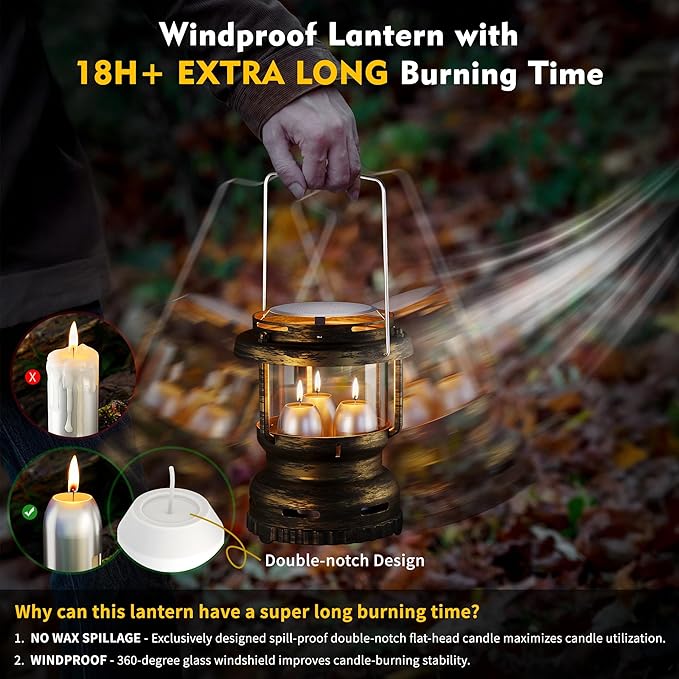 3-Wick Emergency Candle Lantern for Power Outages [18H+ Burning Time] Vintage Decorative Candle Lantern for Real Candles, Outdoor Portable Camping Survival Lighting [7.1"*5.7" - Vintage Brass]