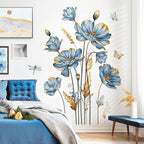 decalmile Large Blue Flower Wall Stickers Floral Butterfly Plants Gold Leaves Wall Decals Bedroom Living Room Sofa TV Background Wall Decor