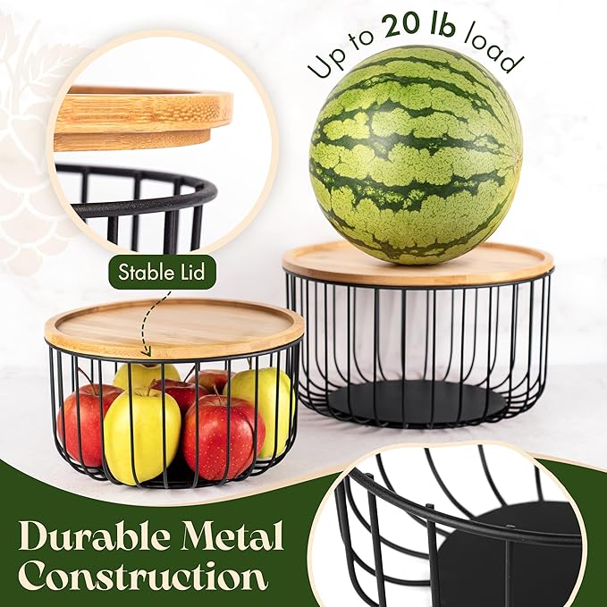 Fruit Basket for Kitchen Counter Set of 3 - Large Stackable Baskets with Bamboo Lid - Perfect Holder For Fruit and Vegetable Storage - Keep Your Countertop Classy, Tidy and Slightly Fruity!