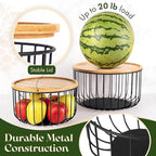 Fruit Basket for Kitchen Counter Set of 3 - Large Stackable Baskets with Bamboo Lid - Perfect Holder For Fruit and Vegetable Storage - Keep Your Countertop Classy, Tidy and Slightly Fruity!