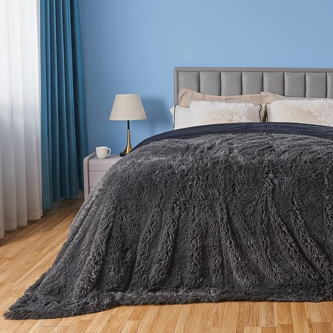 GONAAP Fuzzy Faux Fur Throw Blanket Queen Size Dark Grey Super Soft Cozy Plush Fuzzy Shaggy Blanket for Couch Sofa Bed (Dark Grey, Queen(90"x90"))