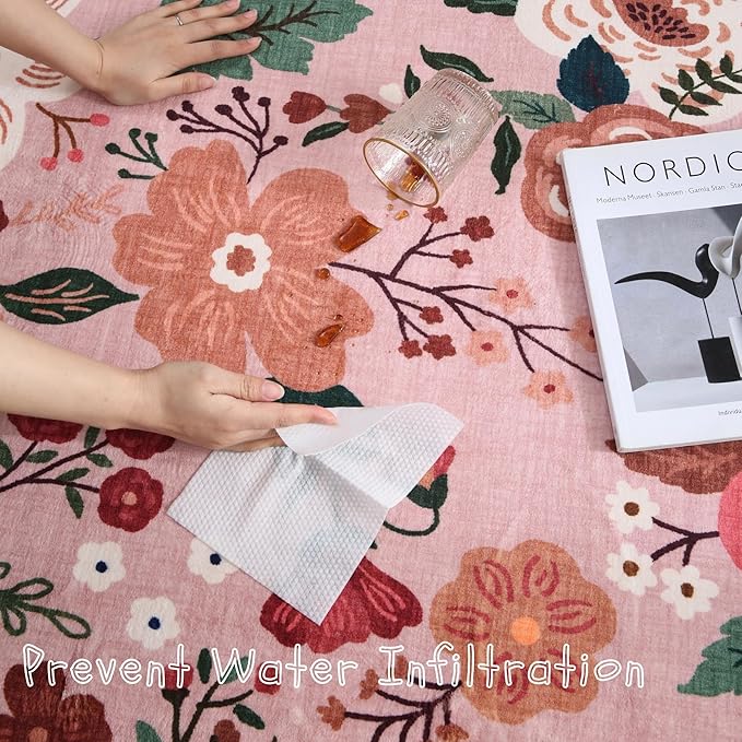 Area Rugs 8x10 Rug for Living Room Clearance Washable Boho Area Rug Non Slip Floral Vintage Low Pile Large Rug for Living Room, Bedroom, Farmhouse, Dining Room, Kids Playroom(Pink)