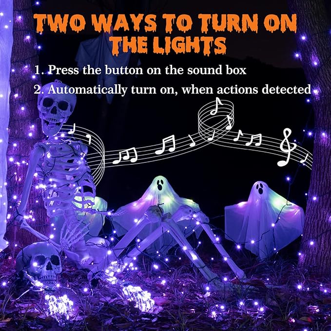 Rotu Halloween Lights Outdoor 114.8 ft 300 LED String Lights with Music Sync Spooky Sounds Halloween Decorations Fairy Lights Indoor Waterproof for Yard Porch Haunted House Decor (Purple)