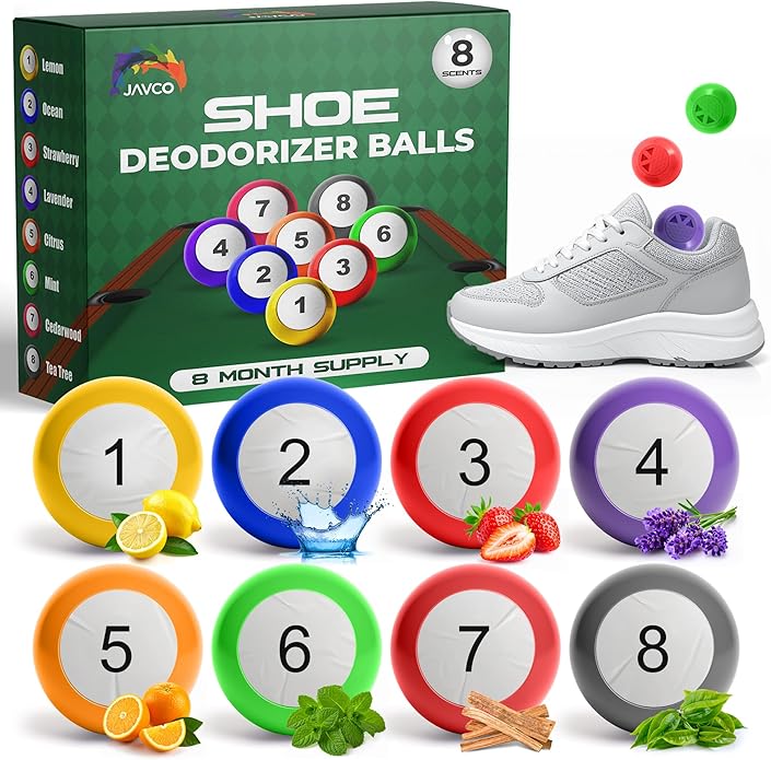 Shoe Deodorizer Balls 8-Pack – Long-Lasting Sneaker & Gym-Bag Odor Eliminator, Twist-to-Activate Billiard-Ball Freshener, Assorted Scents (Lemon, Ocean, Lavender & More) – 8-Month Supply