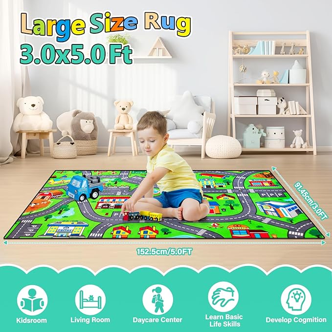 Road Car Rug,City Road Rug for Kids,3x5 Ft Kids Floor Play mat,and Car Carpet Play Mat with Realistic Colors – Perfect for Children and Non-Slip for Classroom,Playroom and Bedroom